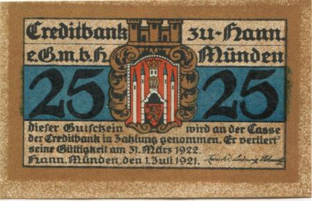 Hannoverisch Münden - Creditbank eGmbH - 1.7.1921 - 25 Pfennig 