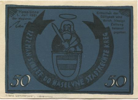 Haselünne - Stadt - 1.7.1921 - 50 Pfennig 