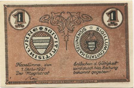 Haselünne - Stadt - 1.10.1921 - 1 Mark 