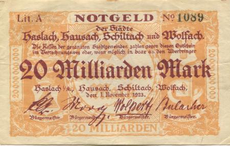 Haslach - Stadt - 1.11.1923 - 20 Milliarden Mark 