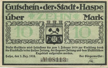 Haspe (heute: Hagen) - Stadt - 1.12.1918 - 1.2.1919 - 10 Mark 