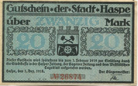 Haspe (heute: Hagen) - Stadt - 1.12.1918 - 1.2.1919 - 20 Mark 