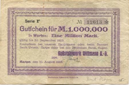 Haspe (heute: Hagen) - Wittmann, Gusstahlwerk AG - 10.8.1923 - 1 Million Mark 