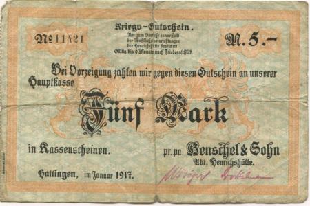 Hattingen - Henschel & Sohn, Abteilung Henrichshütte - Januar 1917 - 5 Mark 