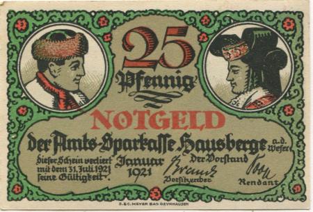 Hausberge (heute: Porta Westfalica) - Amts-Sparkasse - Januar 1921 - 31.7.1921 - 25 Pfennig 