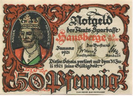 Hausberge (heute: Porta Westfalica) - Amts-Sparkasse - Januar 1921 - 31.7.1921 - 50 Pfennig 
