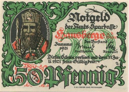 Hausberge (heute: Porta Westfalica) - Amts-Sparkasse - Januar 1921 - 31.7.1921 - 50 Pfennig 