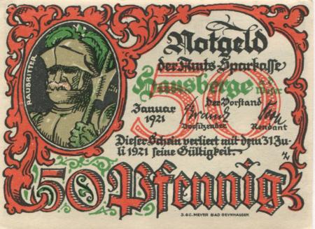 Hausberge (heute: Porta Westfalica) - Amts-Sparkasse - Januar 1921 - 31.7.1921 - 50 Pfennig 