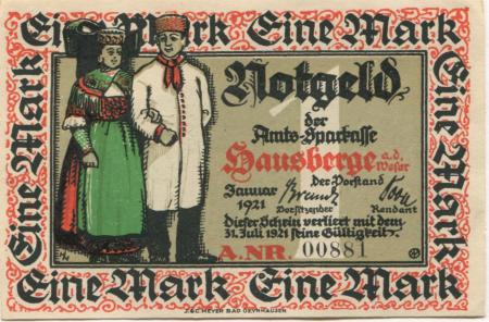 Hausberge (heute: Porta Westfalica) - Amts-Sparkasse - Januar 1921 - 31.7.1921 - 1 Mark 