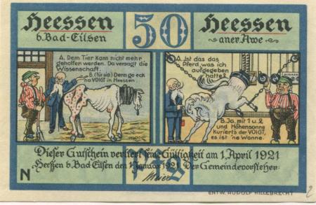Heeßen - Gemeinde -  1.1.1921 -  1.4.1921 - 50 Pfennig 