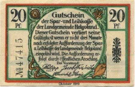 Helgoland - Spar- und Leihkasse - Oktober 1919 - 20 Pfennig 