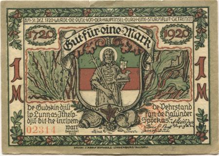 Helgoland - Spar- und Leihkasse - Dezember 1920 - 1 Mark 