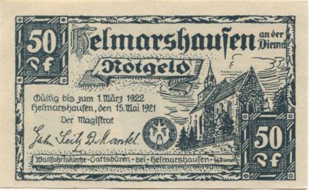 Helmarshausen (heute: Karlshafen (Bad)) - 15.5.1921 - 1.3.1922 - 50 Pfennig 