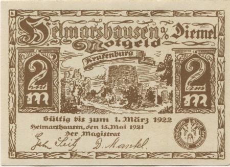 Helmarshausen (heute: Karlshafen (Bad)) - 15.5.1921 - 1.3.1922 - 2 Mark 