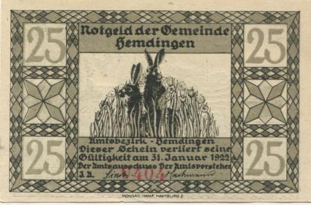 Hemdingen  - Gemeinde - - 31.12.1922 - 25 Pfennig 
