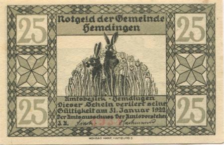 Hemdingen  - Gemeinde - - 31.12.1922 - 25 Pfennig 