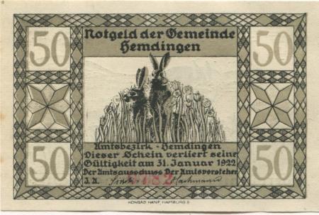 Hemdingen  - Gemeinde - - 31.12.1922 - 50 Pfennig 