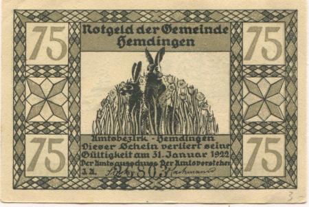 Hemdingen  - Gemeinde - - 31.12.1922 - 75 Pfennig 