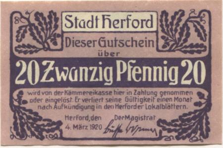 Herford - Stadt - 4.3.1920 - 20 Pfennig 