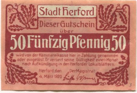 Herford - Stadt - 4.3.1920 - 50 Pfennig 