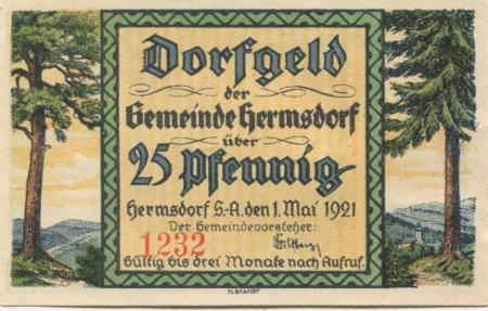 Hermsdorf - Gemeinde - 1.5.1921 - 25 Pfennig 