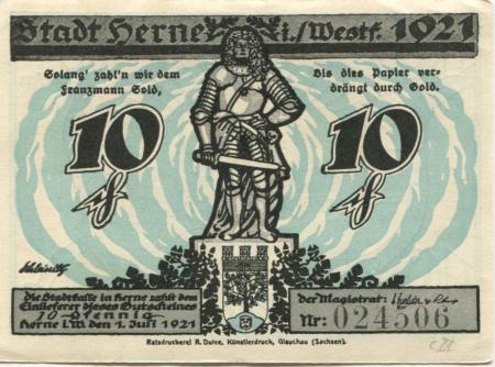 Herne - Stadt - 1.7.1921 - 10 Pfennig 