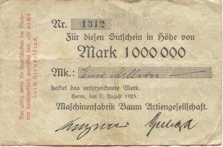 Herne - Baum, Maschinenfabrik AG - 7.8.1923 - 1 Million Mark 