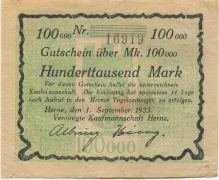 Herne - Vereinigte Kaufmannschaft - 1.9.1923 - 100000 Mark 