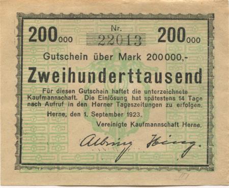 Herne - Vereinigte Kaufmannschaft - 1.9.1923 - 200000 Mark 