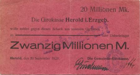 Herold (heute: Thum) - Girokasse - 20.9.1923 - 20 Millionen Mark 