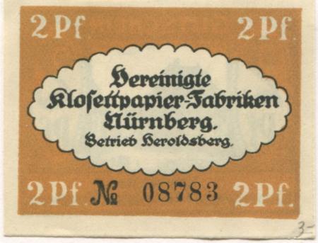 Heroldsberg - Vereinigte Klosettpapier-Fabriken Nürnberg, Betrieb Heroldsberg - -- - 2 Pfennig 