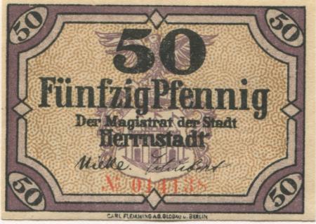 Herrnstadt (heute: PL-Wasosz) - Stadt - - 31.12.1919 - 50 Pfennig 