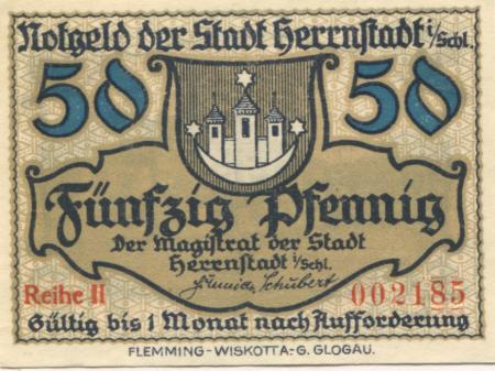 Herrnstadt (heute: PL-Wasosz) - Stadt - -- - 50 Pfennig 