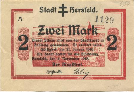 Hersfeld - Stadt - 4.11.1918 - 31.1.1919 - 2 Mark 
