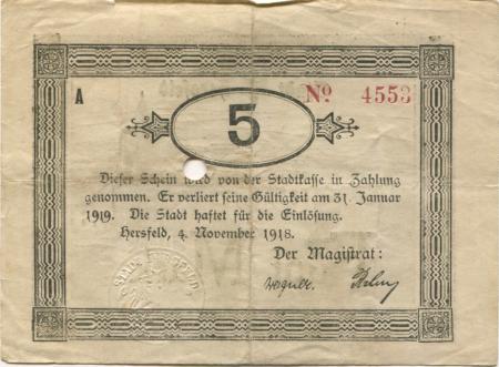 Hersfeld - Stadt - 4.11.1918 - 31.1.1919 - 5 Mark 