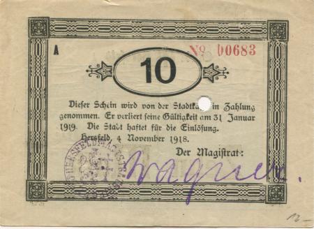 Hersfeld - Stadt - 4.11.1918 - 31.1.1919 - 10 Mark 
