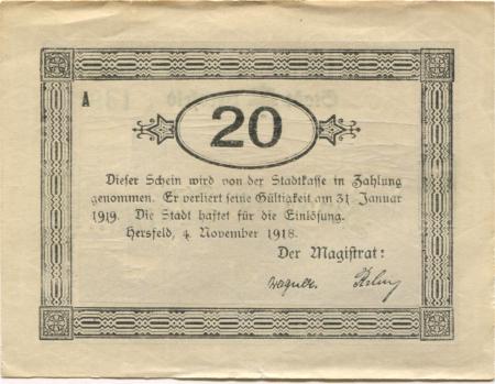 Hersfeld - Stadt - 4.11.1918 - 31.1.1919 - 20 Mark 
