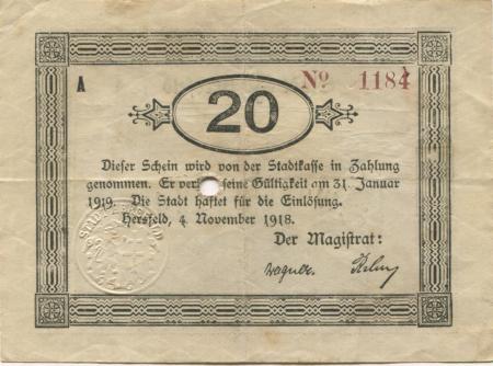 Hersfeld - Stadt - 4.11.1918 - 31.1.1919 - 20 Mark 