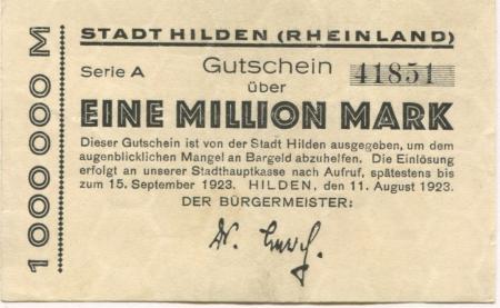 Hilden - Stadt - 11.8.1923 - 15.9.1923 - 1 Million Mark 