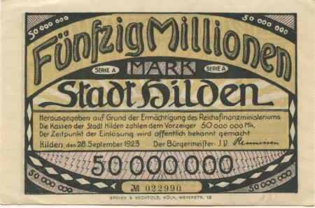Hilden - Stadt - 28.9.1923 - 50 Millionen Mark 
