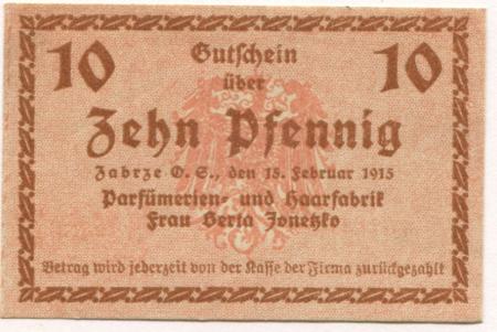 Hindenburg (heute: PL-Zabrze) - Jonetzko, Berta, Parfümerien- und Haarfabrik - 15.2.1915 - 10 Pfennig 