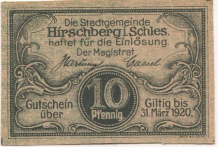 Hirschberg (heute: PL-Jelenia Gora) - Stadt - - 31.3.1920 - 10 Pfennig 