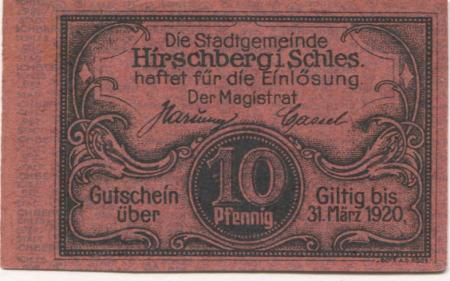 Hirschberg (heute: PL-Jelenia Gora) - Stadt - - 31.3.1920 - 10 Pfennig 