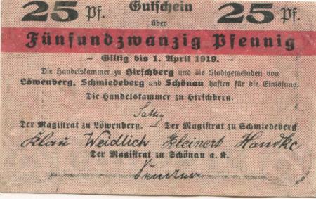 Hirschberg (heute: PL-Jelenia Gora), Löwenberg, Schmiedeberg, Schönau - Handelskammer und Städte - - 1.4.1919 - 25 Pfennig 