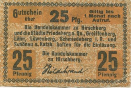Hirschberg (heute: PL-Jelenia Gora), Friedeberg, Greiffenberg, Lähn, Löwenberg, Schmiedeberg, Schönau - Handelskammer und Städte - -- - 25 Pfennig 