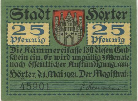 Höxter - Stadt - 1.5.1921 - 25 Pfennig 