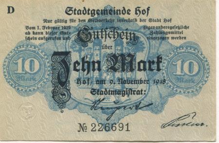 Hof - Stadt - 9.11.1918 - 1.2.1919 - 10 Mark 