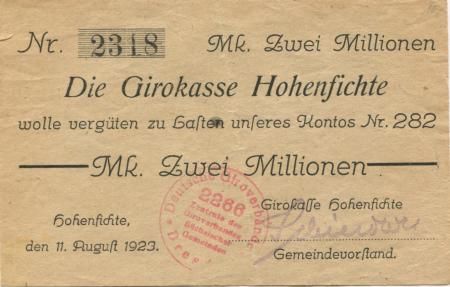 Hohenfichte (heute: Leubsdorf) - Girokasse - 11.8.1923 - 2 Millionen Mark 