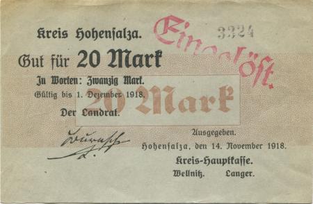 Hohensalza (heute: PL-Inowroclaw) - Kreis - 14.11.1918 - 1.12.1918 - 20 Mark 