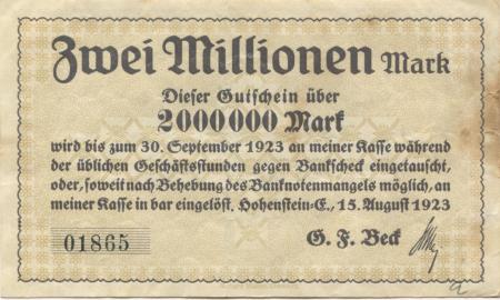 Hohenstein-Ernstthal - Beck, G. F. - 15.8.1923 - 30.9.1923 - 2 Millionen Mark 
